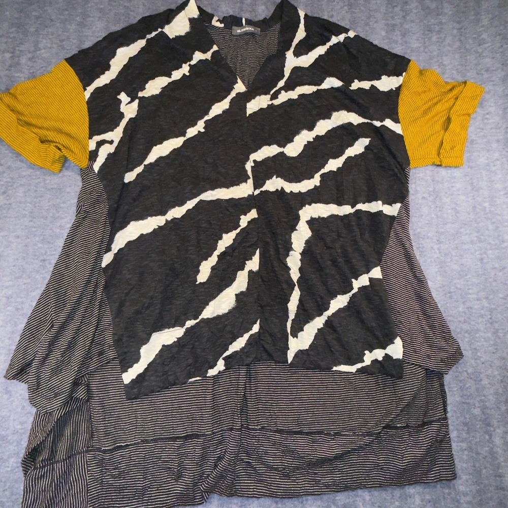 Alembika Mixed Media Tunic Top Black White Stripe Mustard Yellow V-Neck Medium